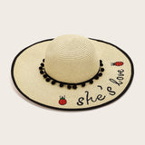 Pom Pom Decor Slogan Embroidery Straw Hat