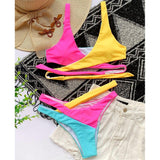 Patchwork Push Up Bandage Hollow Out Swimsuit