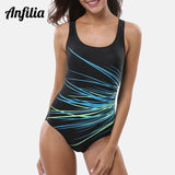 Anfilia Women One Piece Swimsuit Printed Sport Swimwear Ladies Colorblock Bathing Suit Monokini Bikini