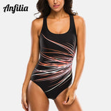 Anfilia Women One Piece Swimsuit Printed Sport Swimwear Ladies Colorblock Bathing Suit Monokini Bikini