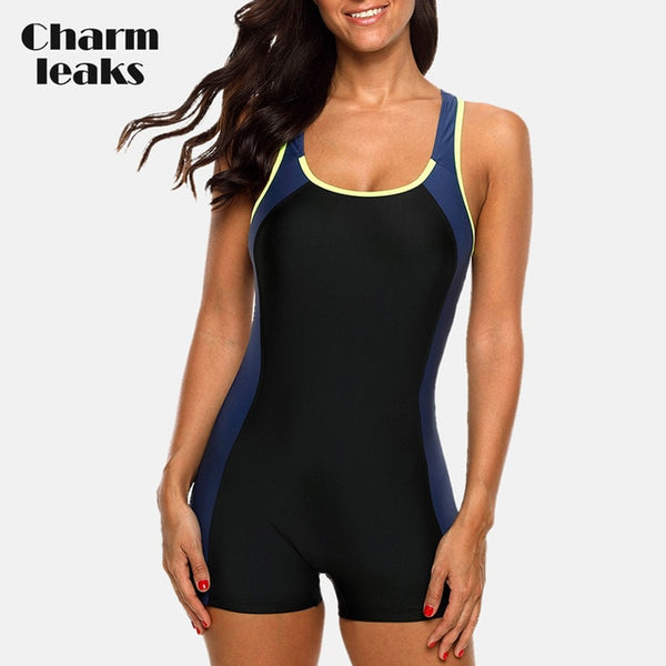 Charmleaks Women One-piece Sports Swimwear Sport Swimsuit Colorblock Anthletic Open Back Beach Wear Fitness Bathing Suits
