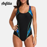 Anfilia Women One Piece Pro Sports Swimwear Sports Swimsuit Colorblock Monokini Beach Wear Bathing Suit Bikini