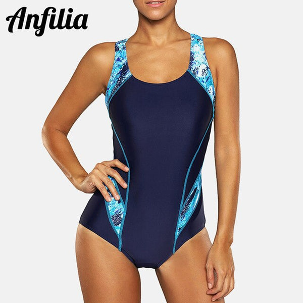 Anfilia Women One Piece Pro Sports Swimwear Sports Swimsuit Colorblock Monokini Beach Wear Bathing Suit Bikini