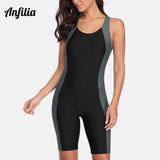 Anfilia One Piece Women Pro Sports Swimwear Boyleg Knee-length Sport Swimsuit Patchwork Bikini Beach Wear Bathing Suit
