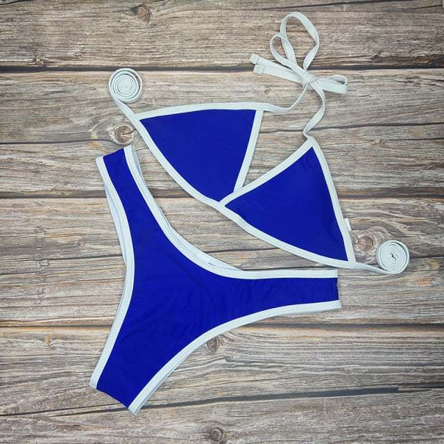 6 Colors Bikini Set Solid Color Swimsuit Women French Triangle Low-waist Swimwear Lace-up Back Fashion Swimming Suit