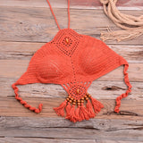 Sexy Halter Tie Knitting Bikini New Beach Crochet Swimwear Halter Beaded Tassel Crop Top Brazil Bikini Swimsuit Bathing Suit