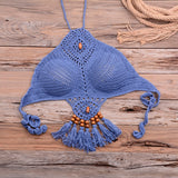 Sexy Halter Tie Knitting Bikini New Beach Crochet Swimwear Halter Beaded Tassel Crop Top Brazil Bikini Swimsuit Bathing Suit