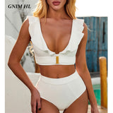 GNIM Ruffle Bikini Swimwear Women With Belt Summer Solid Swimming Suit For Women High Waist Brazilian Swimsuit Two Pieces