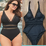 Mesh Insert High Waist Plus Size Swimsuits V Neck Swimwear Push Up One Piece Swim Suit for Women Ladies Bathing Suits Black 8xl