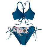 Reversible Bottom Bikini Sets Swimsuit Women Sexy Navy and Floral Lace Up Two Pieces Swimwear 2021 Beach Bathing Suits