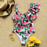 2020 New Sexy Ruffle Print Floral One Piece Strappy Slimming Swimwear Women  Swimsuit Deep-V Bathing Suit Beach Wear Monkini