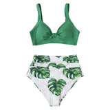 Pink And Green Floral High-waisted Bikini Sets Women Heart Neck Cute Two Pieces Swimsuits Women Sexy Beach Bathing Suits