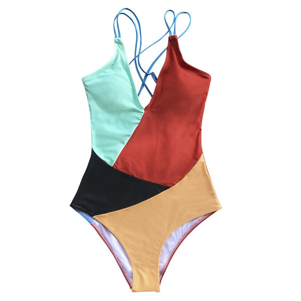 SEASELFIE Sexy Colorblock V-Neck Open Back One-Piece Swimsuit Women Padded Cups Monokini 2021 Beach Bathing Suit Swimwear
