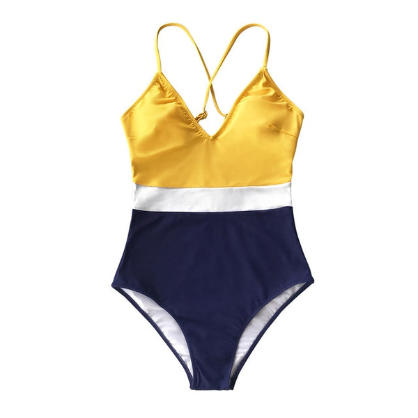 SEASELFIE Sexy Colorblock V-Neck One-Piece Swimsuit Women Padded Cups Monokini 2021 Beach Bathing Suit Swimwear
