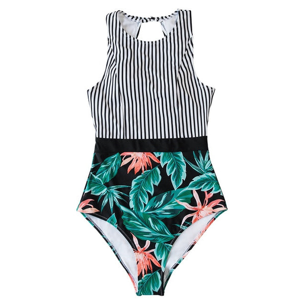 Black Striped And Green Leaf One-piece Swimsuit Women Sexy Cutout Monokini Bathing Suits 2021 New Beach Swimwear