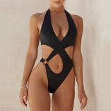 High Cut Out Halter Swimwear One Piece Swimsuit Women's Cross Bandage Monokini Plus Size Bathing Suit