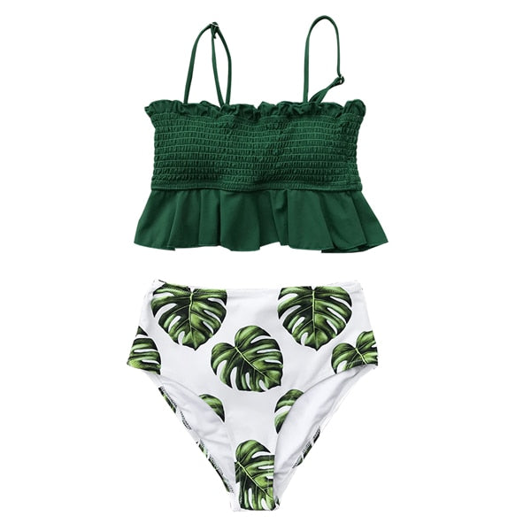 Smocked Blue Leaves Print Bikini Sets Women Ruffle High-waist Tankini Two Pieces Swimsuits Boho Bathing Suits