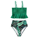 Smocked Blue Leaves Print Bikini Sets Women Ruffle High-waist Tankini Two Pieces Swimsuits Boho Bathing Suits