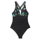 Black Leopard V-neck One-Piece Swimsuit Sexy Crisscross Back Women's Monokini Beach Bathing Suit Swimwear