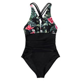 Black Leopard V-neck One-Piece Swimsuit Sexy Crisscross Back Women's Monokini Beach Bathing Suit Swimwear