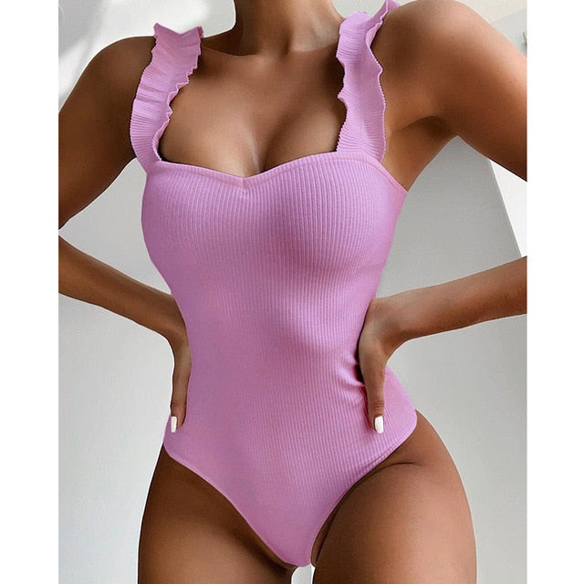 2021 New Sexy One Piece Swimsuit Women Wood Ear Ruffle Swimwear Push Up Monokini Bathing Suits Summer Beach Wear Swimming Suit