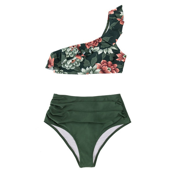 SEASELFIE One Shoulder Ruffled High Waist Bikini Sets Women Sexy Green Floral Two Piece Swimsuit 2021 New Swimming Suit Swimwear