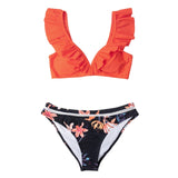 Orange Ruffle Bikini Sets With Floral Bottom Sexy Swimsuit Two Pieces Swimwear Women 2021 Beach Bathing Suit Biquinis