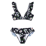 Black Floral Ruffled V-neck Bikini Sets Swimsuit Women's Sexy Lace Up Two Pieces Swimwear 2021 New Beach Bathing Suits