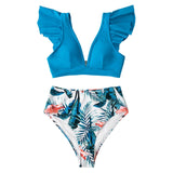 Blue Floral Ruffled High Waist Bikini Sets Sexy V-neck Swimsuit Two Pieces Swimwear Women 2021 Bathing Suits Beachwear