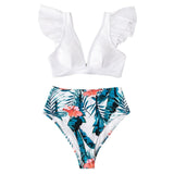 Blue Floral Ruffled High Waist Bikini Sets Sexy V-neck Swimsuit Two Pieces Swimwear Women 2021 Bathing Suits Beachwear