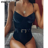 INGAGA Vintage One Piece Swimsuits Swimwear Women Black Ribbed Swim Wear 2021 New Push Up Bathing Suit Belted Beach Bathers