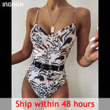 INGAGA Vintage One Piece Swimsuits Swimwear Women Black Ribbed Swim Wear 2021 New Push Up Bathing Suit Belted Beach Bathers