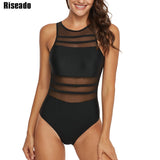 Riseado Black Mesh One Piece Swimsuit 2021 Swimwear Women Sexy High Neck Bathing Suit Women Backless Plus Size Swim Wear XXL