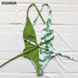 INGAGA 2021 Sexy Plunging Swimsuit One Piece High Cut Swimwear Women Cross Bandage Beachwear Summer Backless Bathing Suit Women
