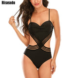 Riseado Sexy Mesh Monokini One Piece Swimsuit 2021 Push Up Swimwear Women Black Ruched Bathing Suit Women Swimming Suits