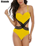 Riseado Sexy Mesh Monokini One Piece Swimsuit 2021 Push Up Swimwear Women Black Ruched Bathing Suit Women Swimming Suits