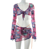 ANJAMANOR Floral Printed Mesh Sexy Top and Skirts Sets Summer Vacation Outfits 2021 Rave Party Club Wear Two Piece Set
