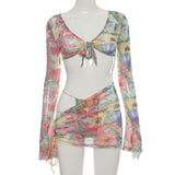 ANJAMANOR Floral Printed Mesh Sexy Top and Skirts Sets Summer Vacation Outfits 2021 Rave Party Club Wear Two Piece Set