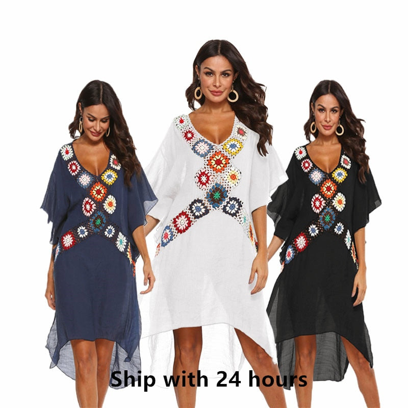 Women Beach Dress Cover-ups Swimsuit Cover Up Pareo Ups Beachwear White Dresses Bathing Suit for Woman Summer Ladies Tunic