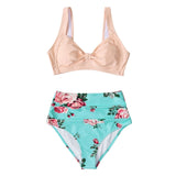 Pink And Green Floral High-waisted Bikini Sets Women Heart Neck Cute Two Pieces Swimsuits Women Sexy Beach Bathing Suits