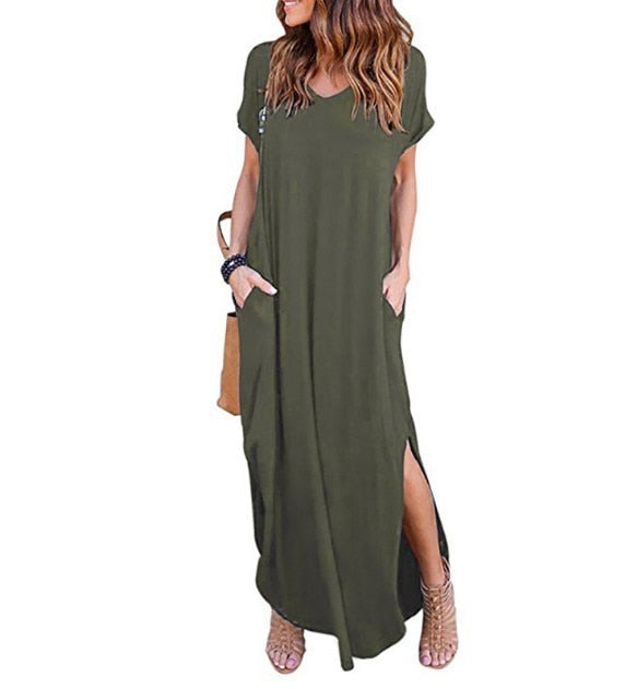 Summer Dress Solid Casual Short Sleeve Maxi