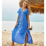 New Cotton Beach Dress Saida de Praia Robe de Plage Embroidery Beach Cover Up Women's Beach Swimwear
