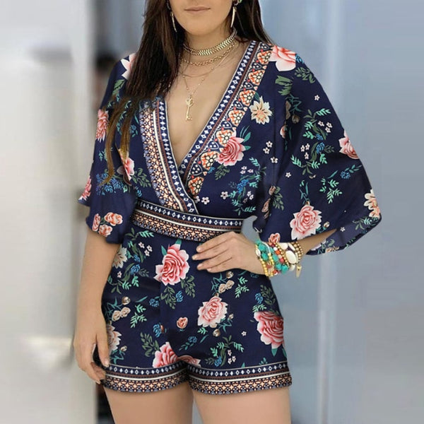 Summer Casual Floral Printed Jumpsuit 3/4 Sleeve Backless