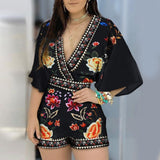 Summer Casual Floral Printed Jumpsuit 3/4 Sleeve Backless