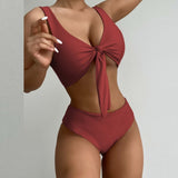 Women's Solid Color Two Piece Bikini Set High Waist Brazilian Push Up Bow Bandage Swimsuit