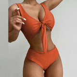 Women's Solid Color Two Piece Bikini Set High Waist Brazilian Push Up Bow Bandage Swimsuit