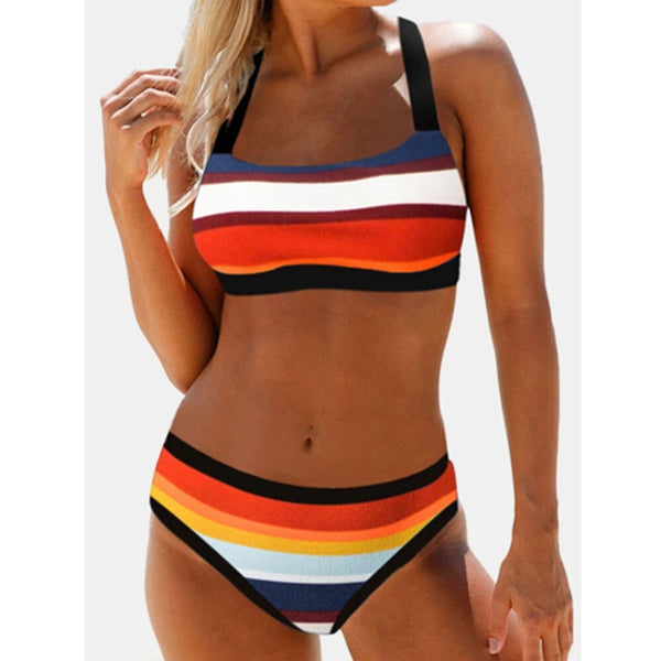 Colorful Stripe Print Back String Bikini Two Piece Backless Swimwear Bathing Suits