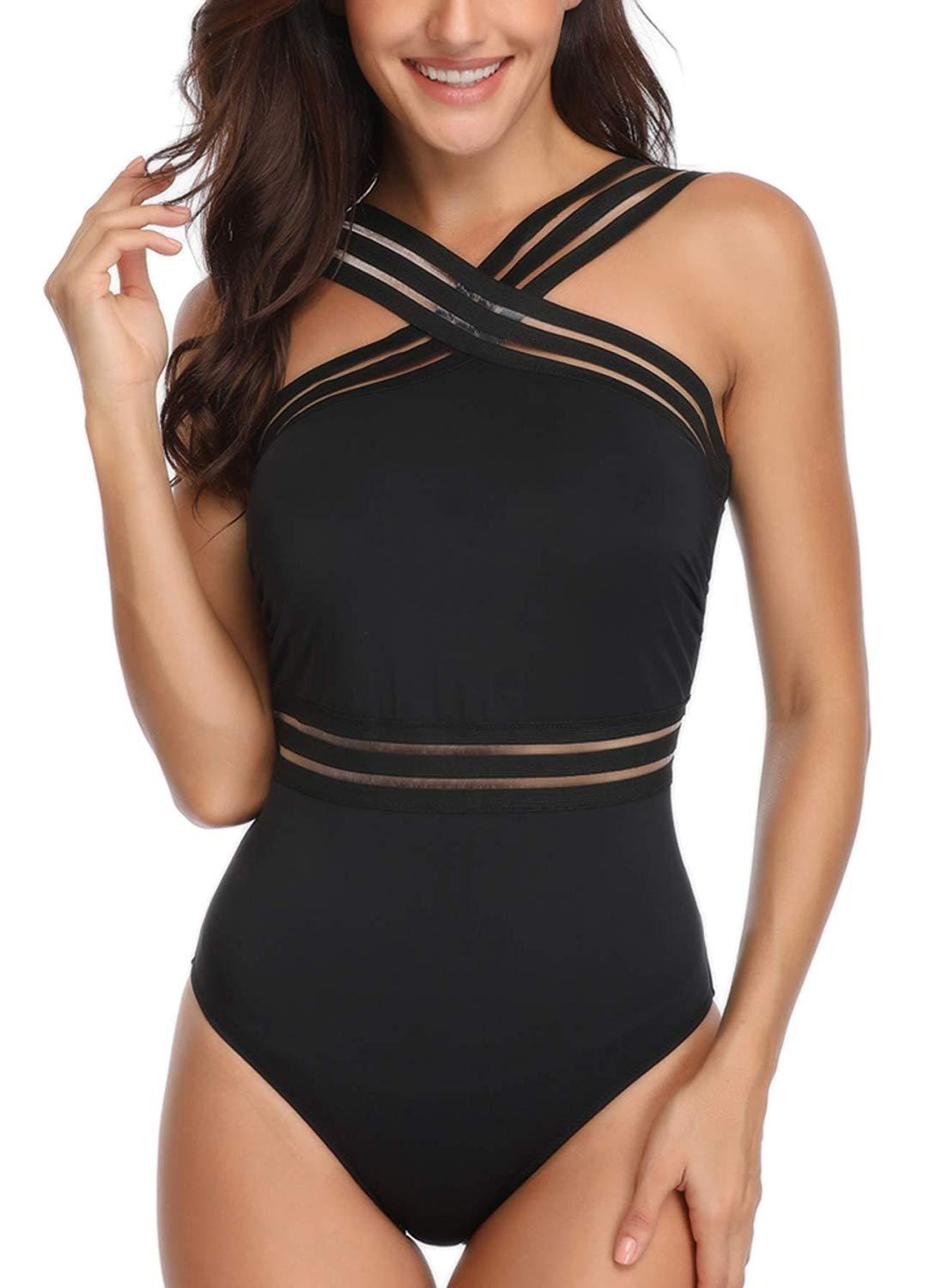 Tummy Control One Piece Swimsuits Front Crossover Slimming Mesh Women's Bathing Suit