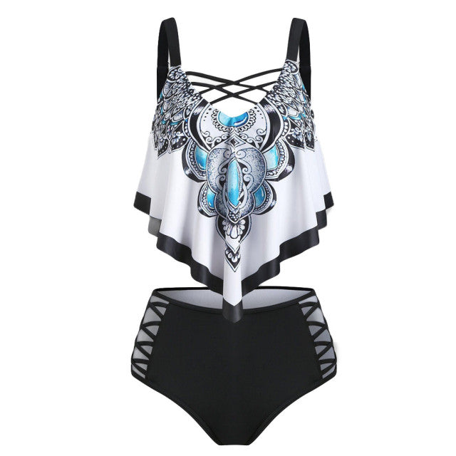 Print Ruffle Halter bikini Push-Up Padded Overlay Crisscross Swimwear high waist bikini set