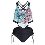 Print Ruffle Halter bikini Push-Up Padded Overlay Crisscross Swimwear high waist bikini set